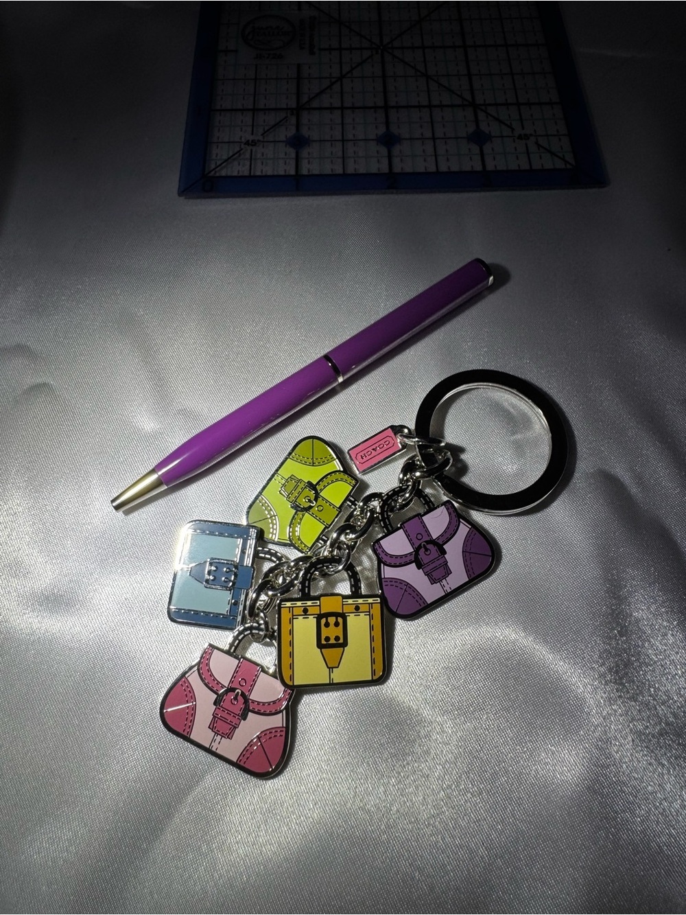 Coach Multicolor Enamel Purse Charm Keyring — Purple, Pink, Yellow, Green, Blue